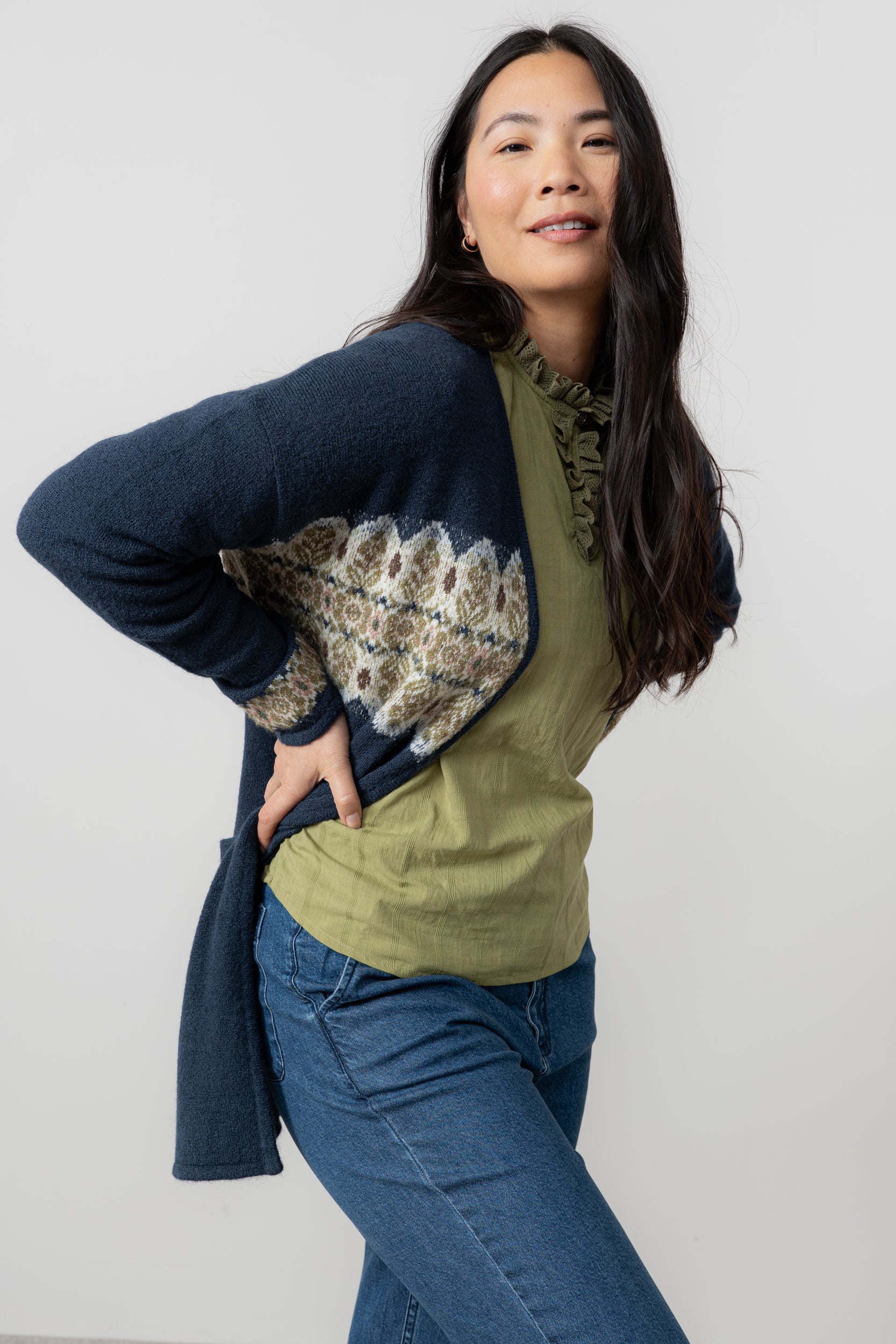 Lily & Me Isle Longline Fair Isle Knit Cardigan Navy