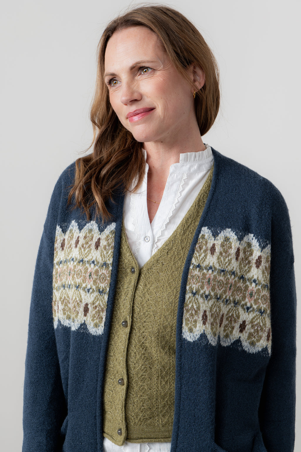 Lily & Me Isle Longline Fair Isle Knit Cardigan Navy