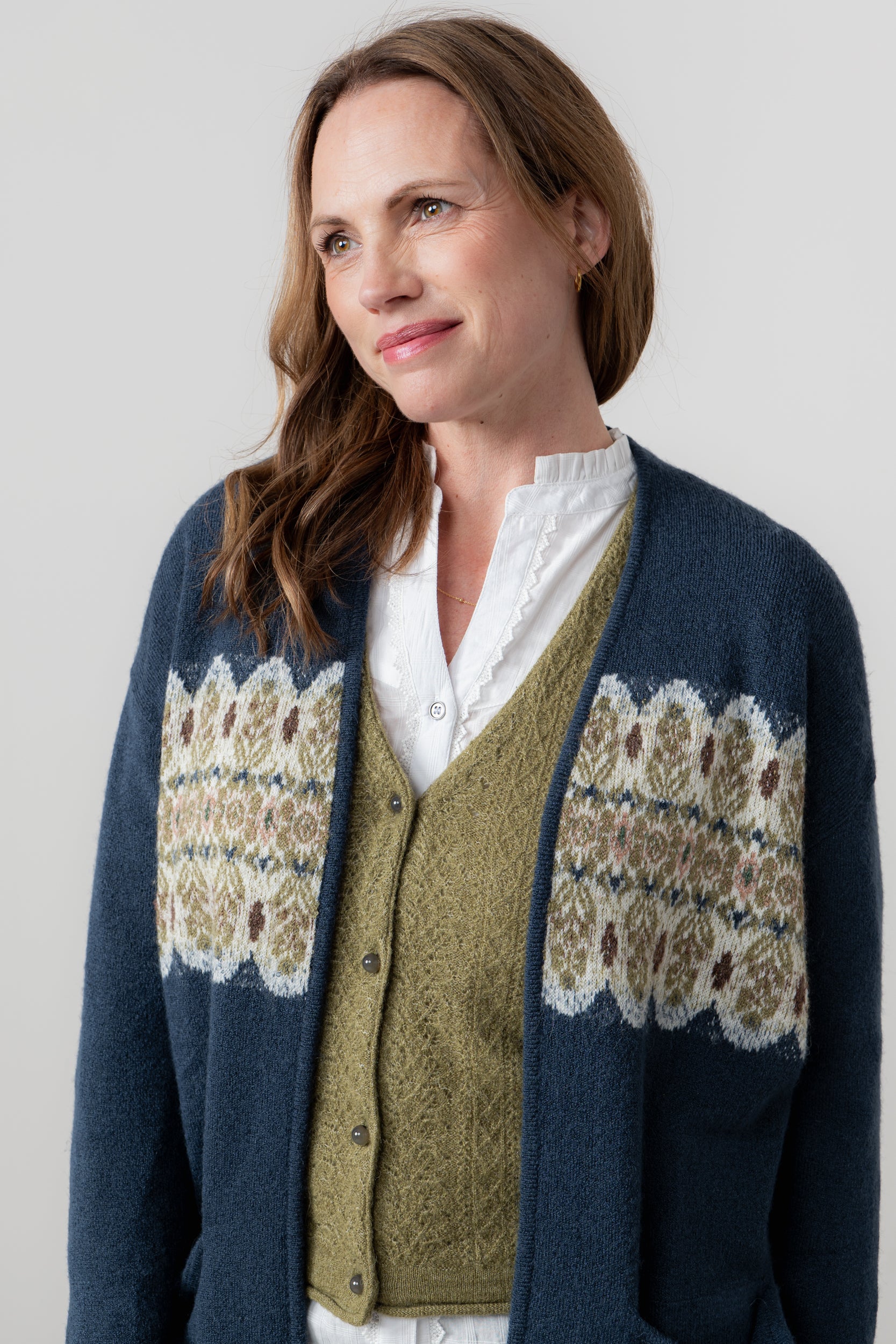 Lily & Me Isle Longline Fair Isle Knit Cardigan Navy