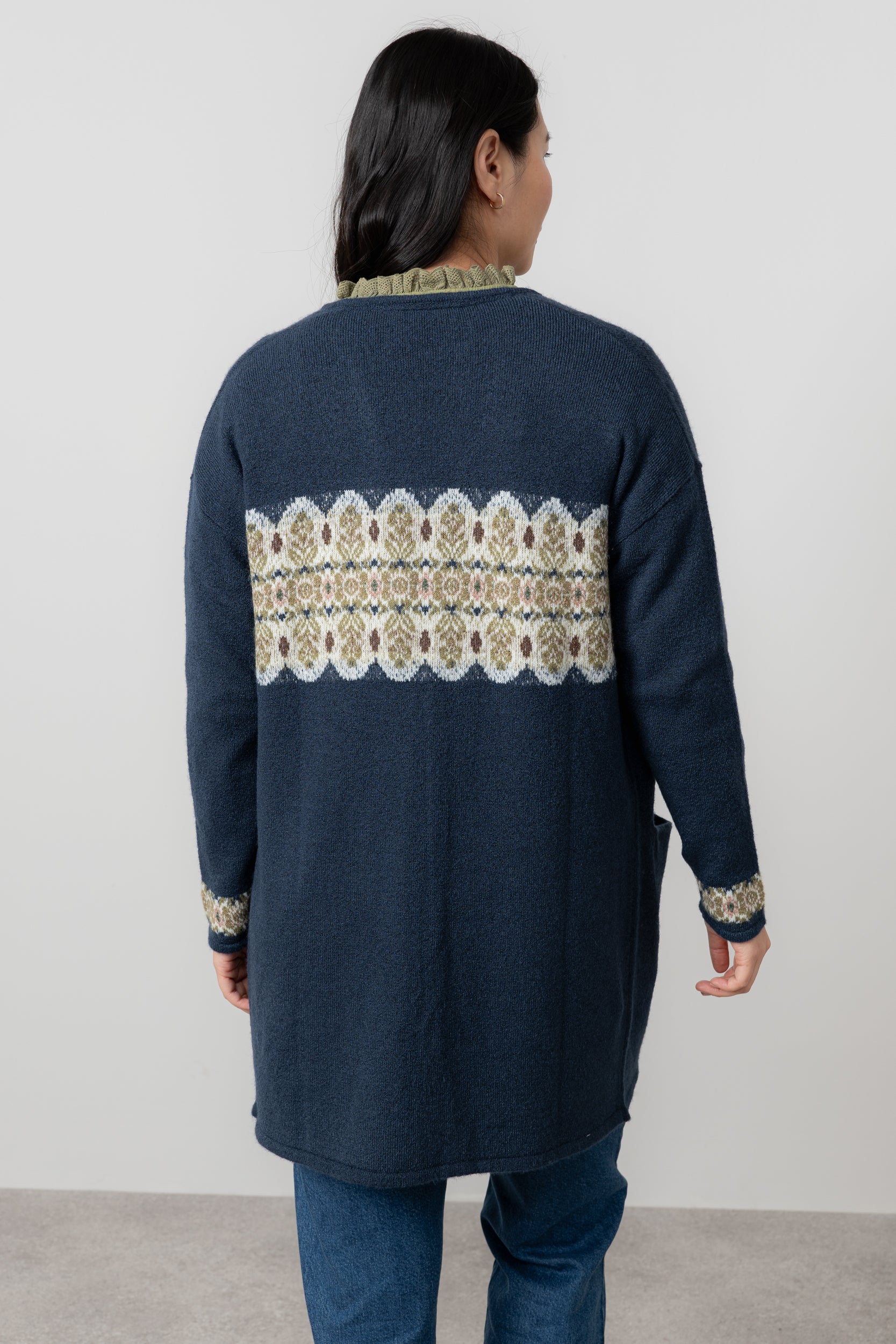 Lily & Me Isle Longline Fair Isle Knit Cardigan Navy