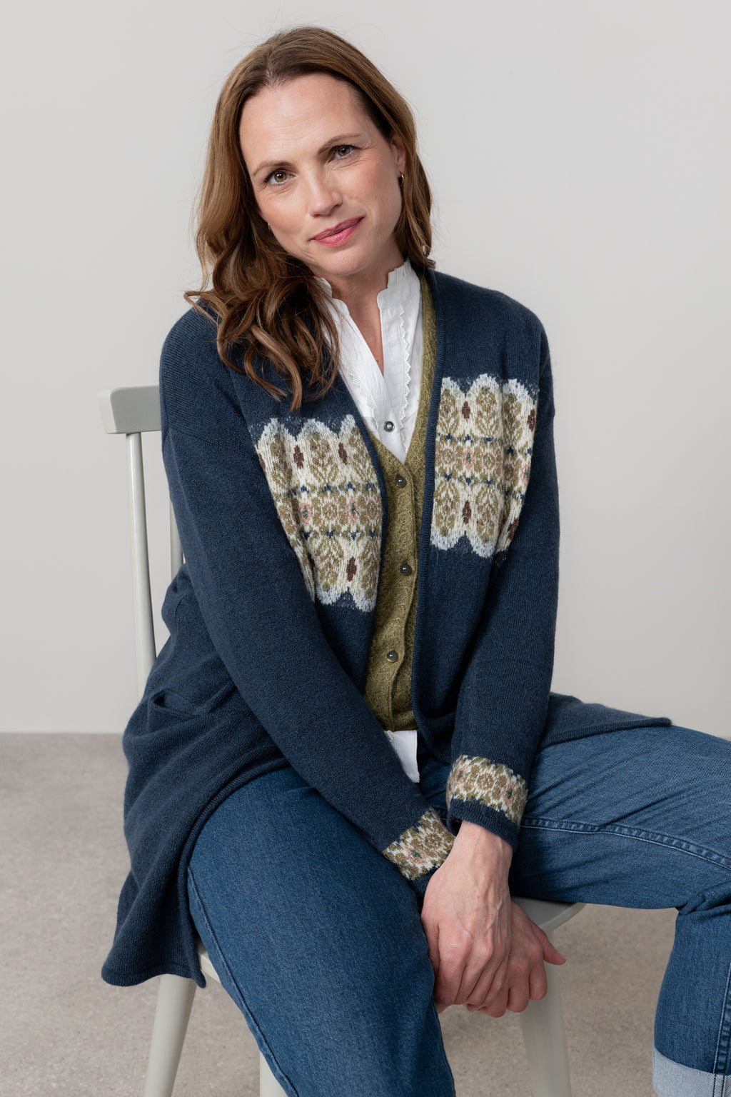 Lily & Me Isle Longline Fair Isle Knit Cardigan Navy