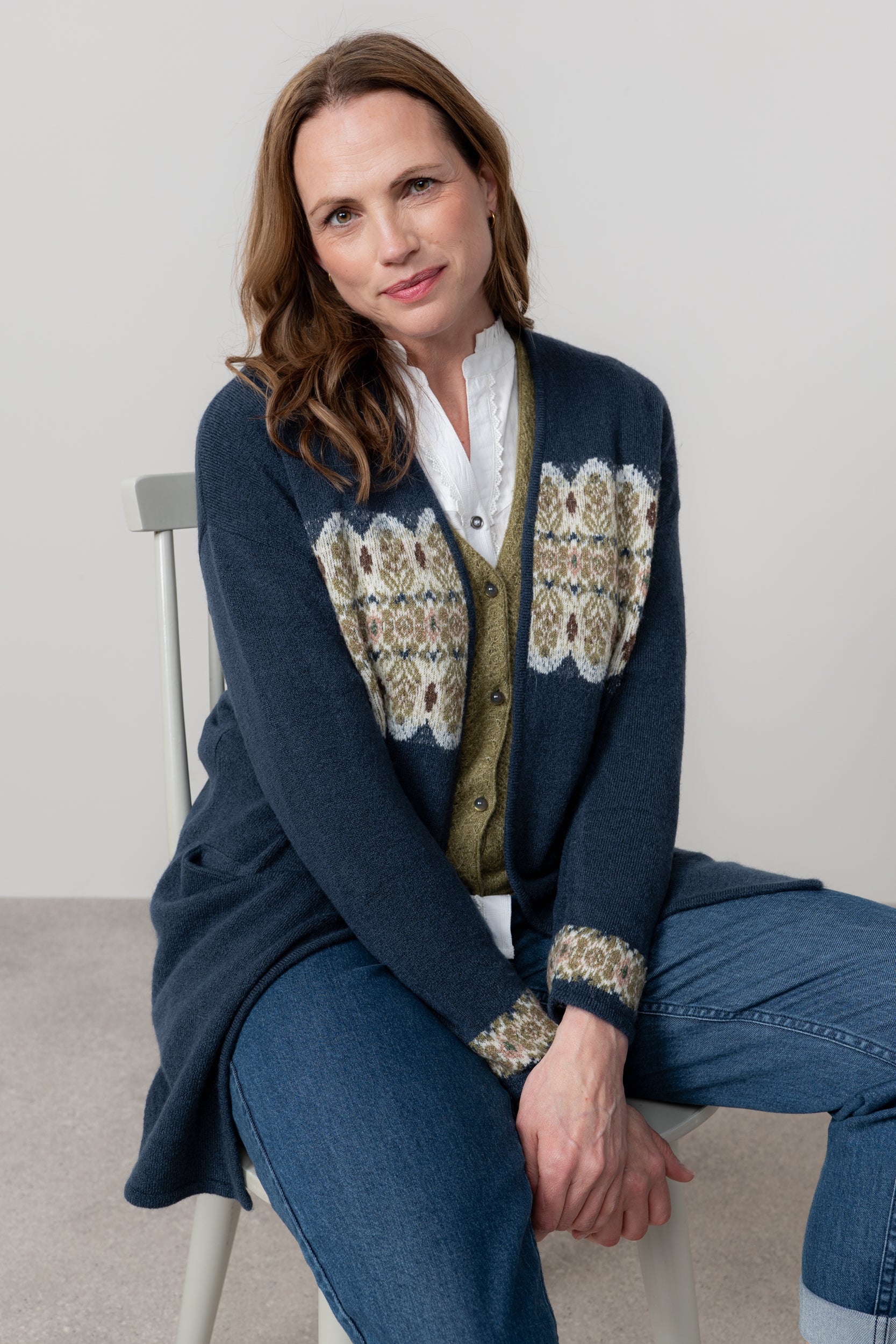 Lily & Me Isle Longline Fair Isle Knit Cardigan Navy