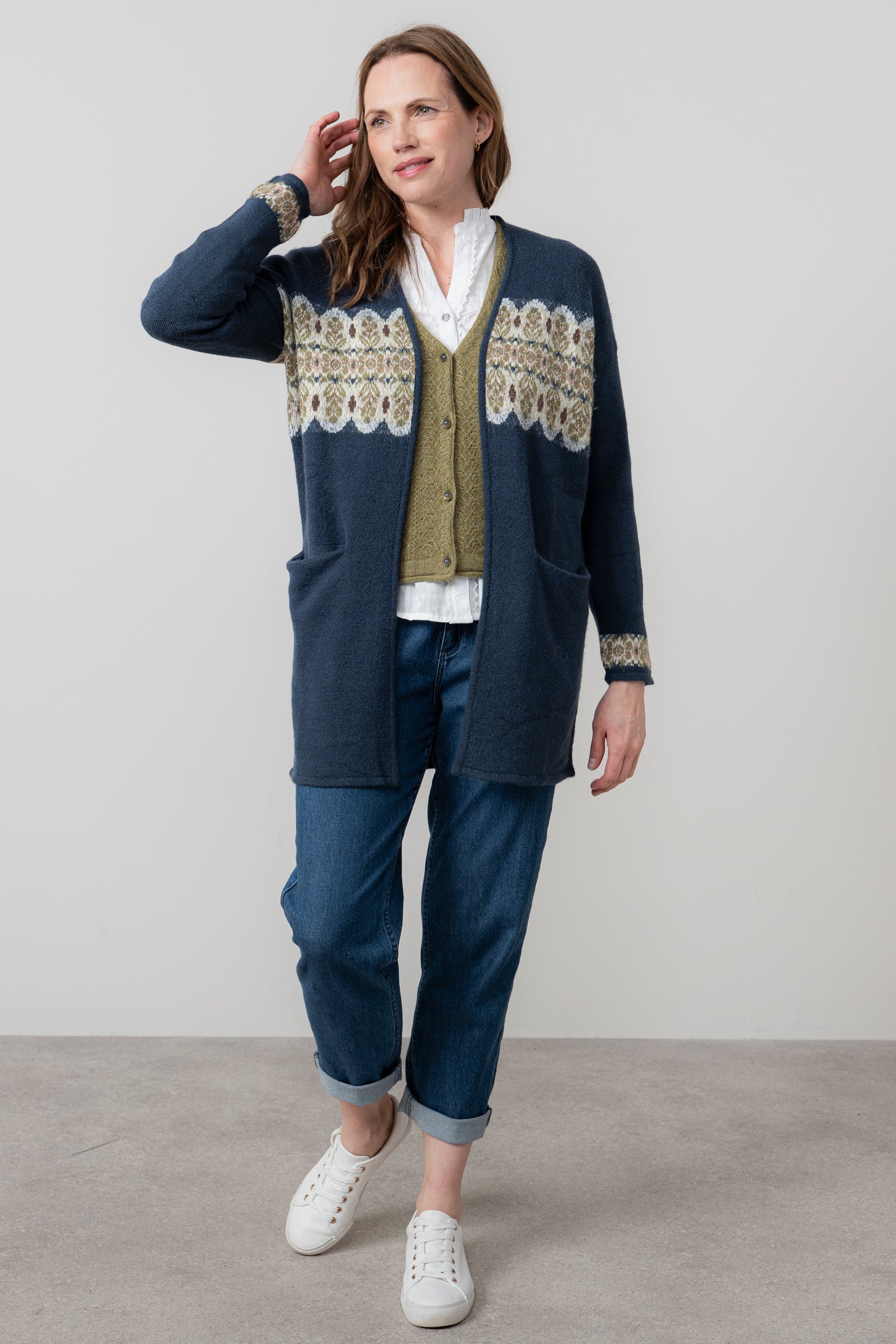 Lily & Me Isle Longline Fair Isle Knit Cardigan Navy