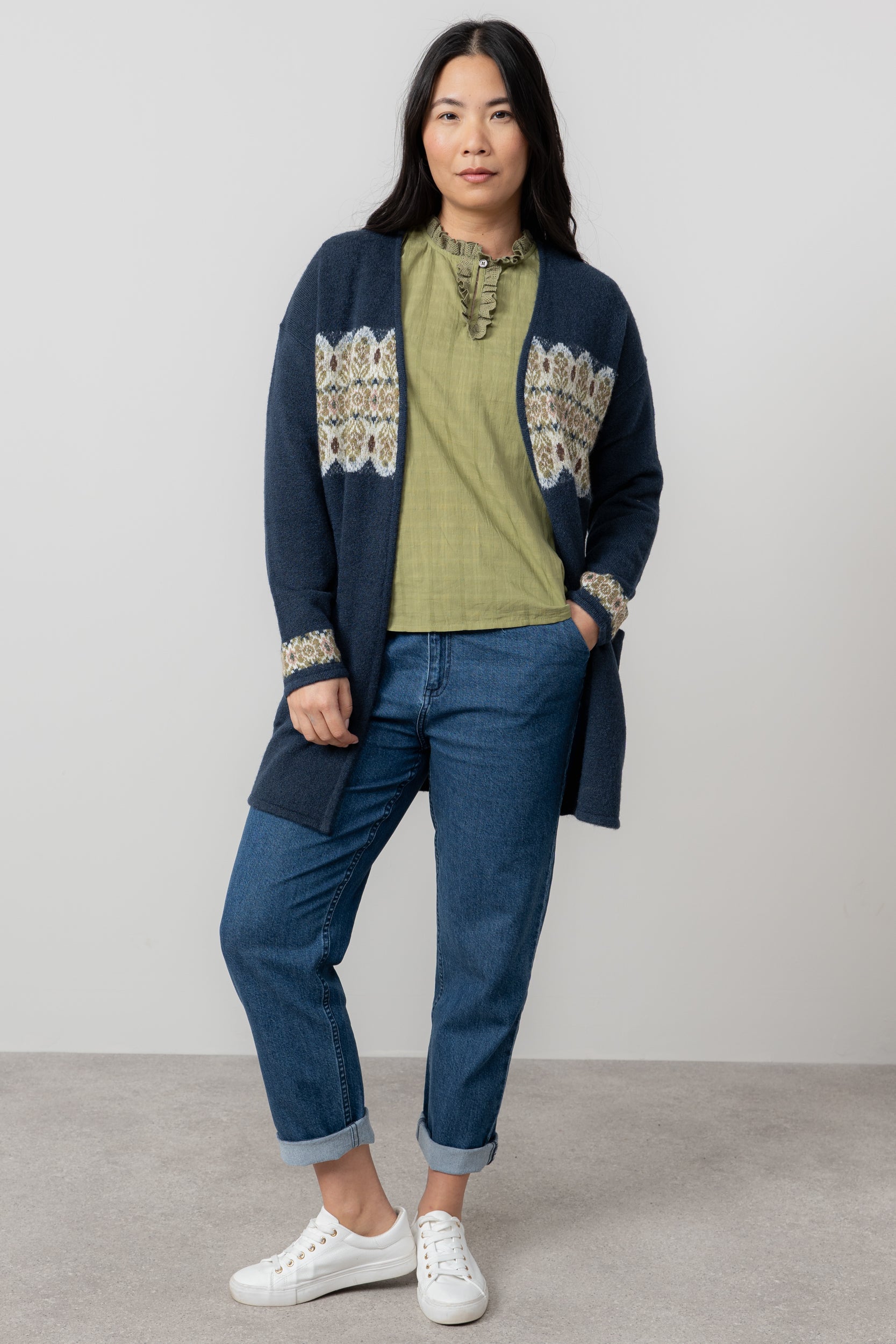 Lily & Me Isle Longline Fair Isle Knit Cardigan Navy