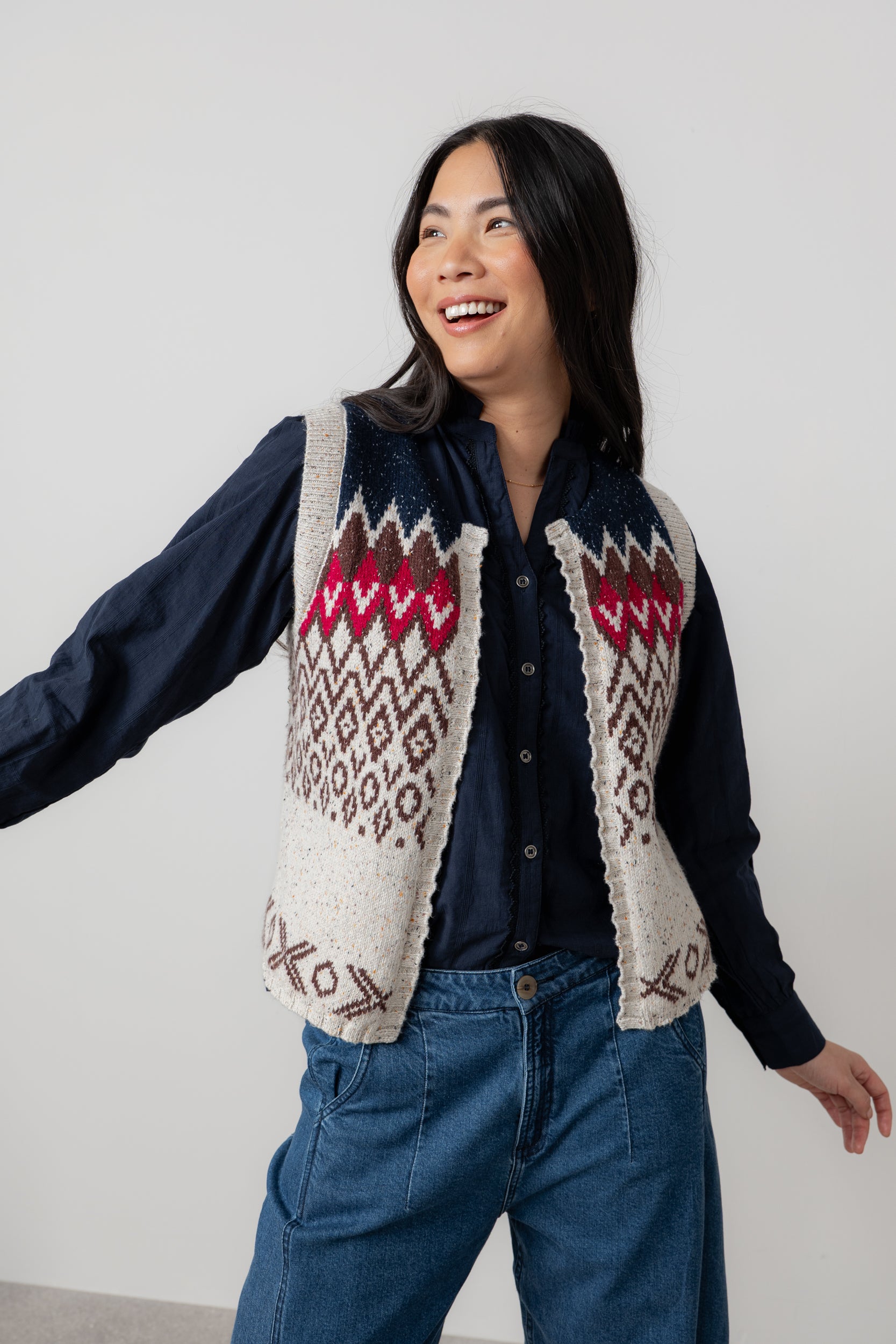 Lily & Me Suvi Fair Isle Knitted Waistcoat Chocolate