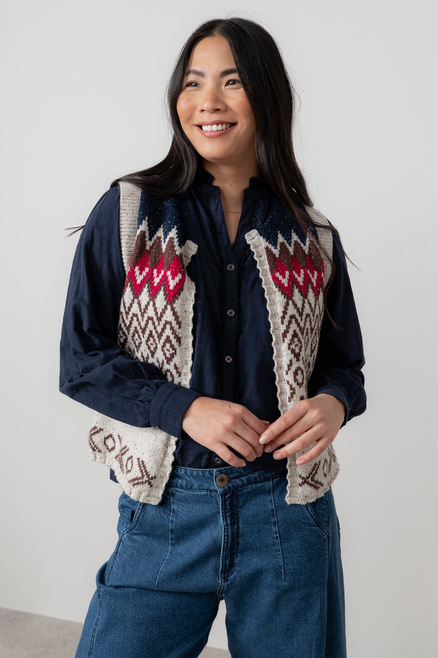 Lily & Me Suvi Fair Isle Knitted Waistcoat Chocolate