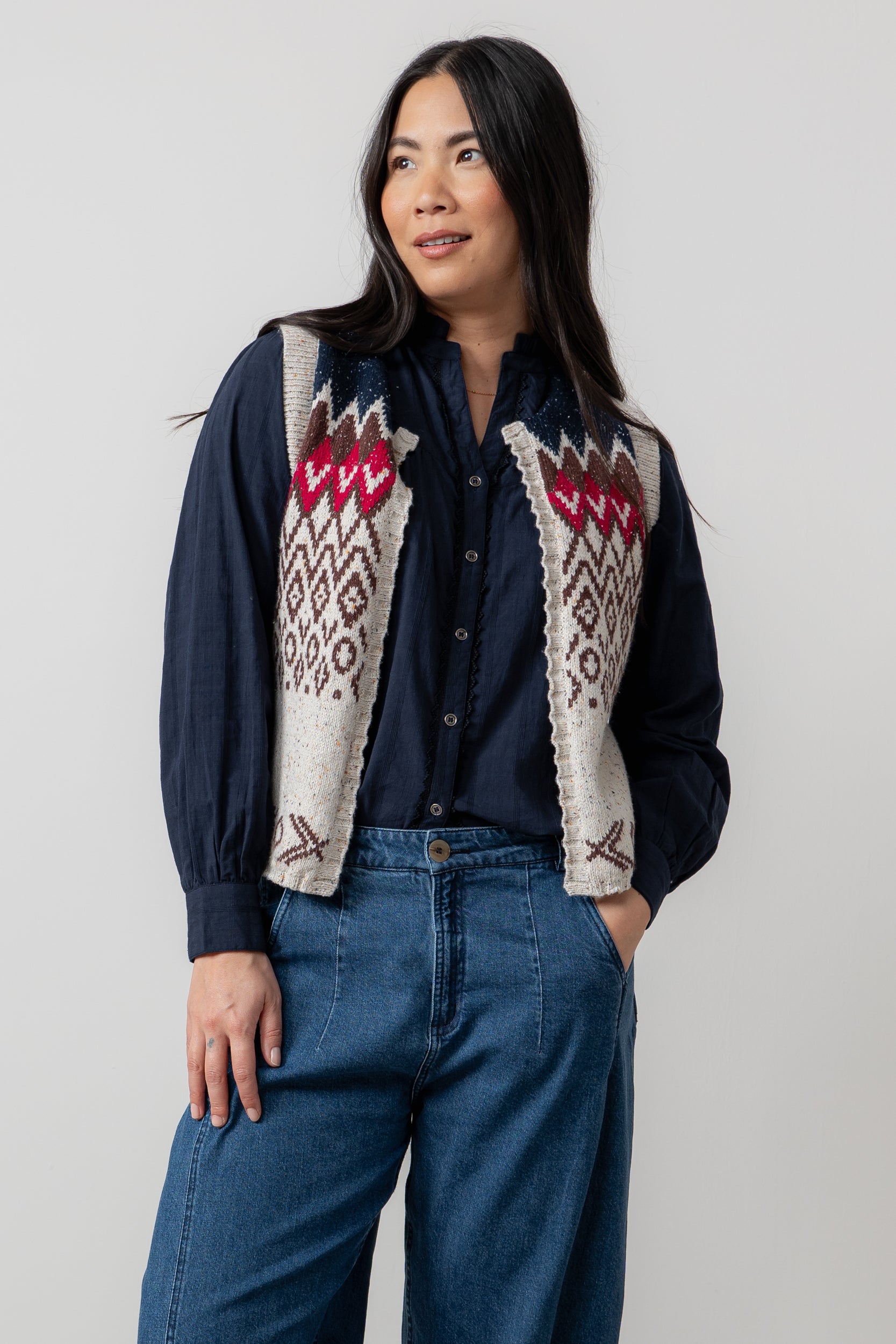 Lily & Me Suvi Fair Isle Knitted Waistcoat Chocolate