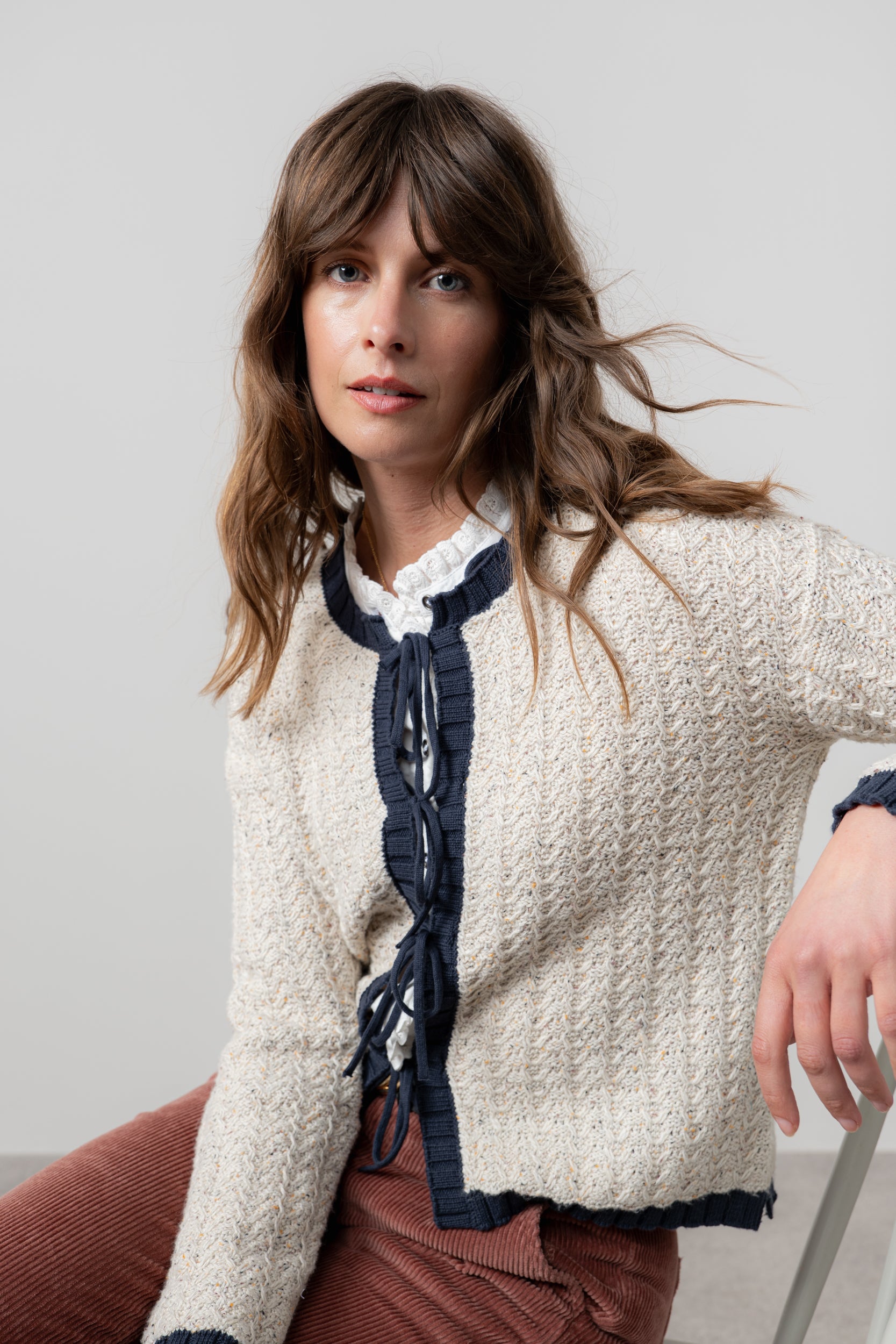 Lily & Me Adelia Tie Front Cardigan Ecru/ Navy