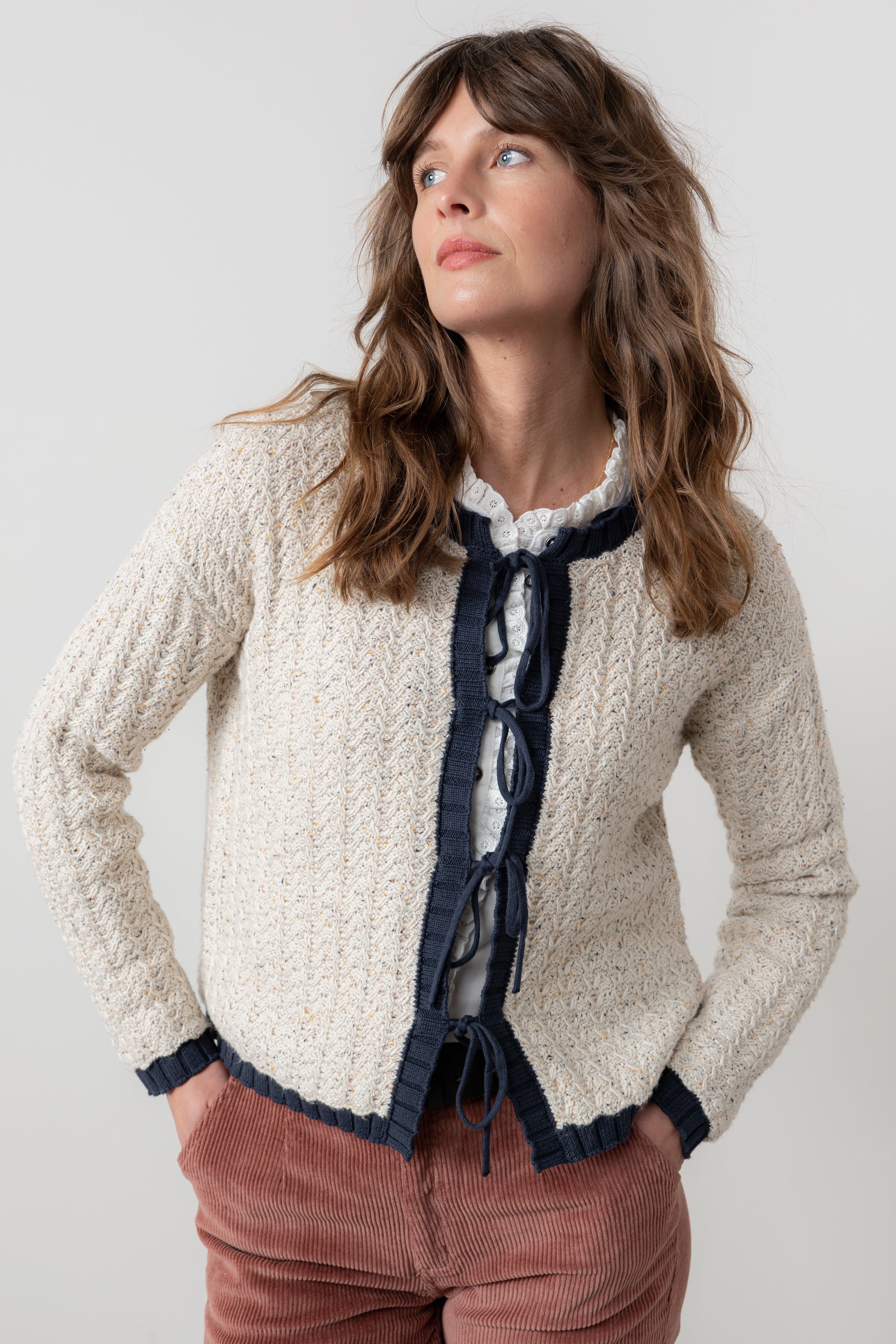 Lily & Me Adelia Tie Front Cardigan Ecru/ Navy