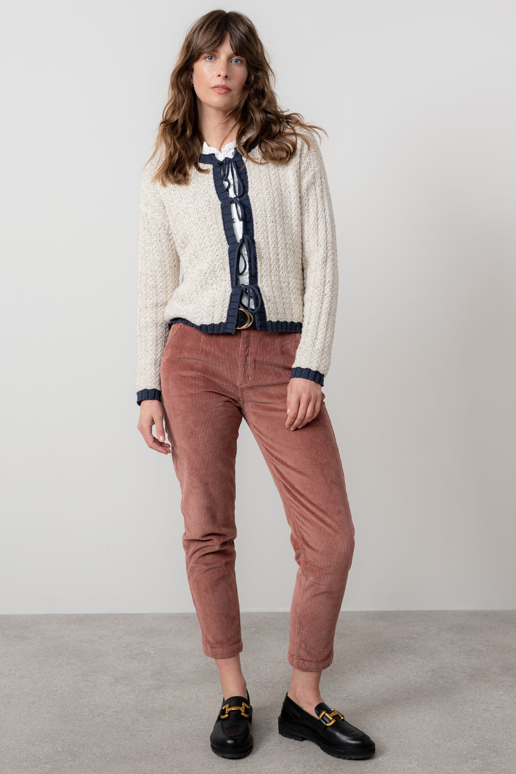 Lily & Me Adelia Tie Front Cardigan Ecru/ Navy