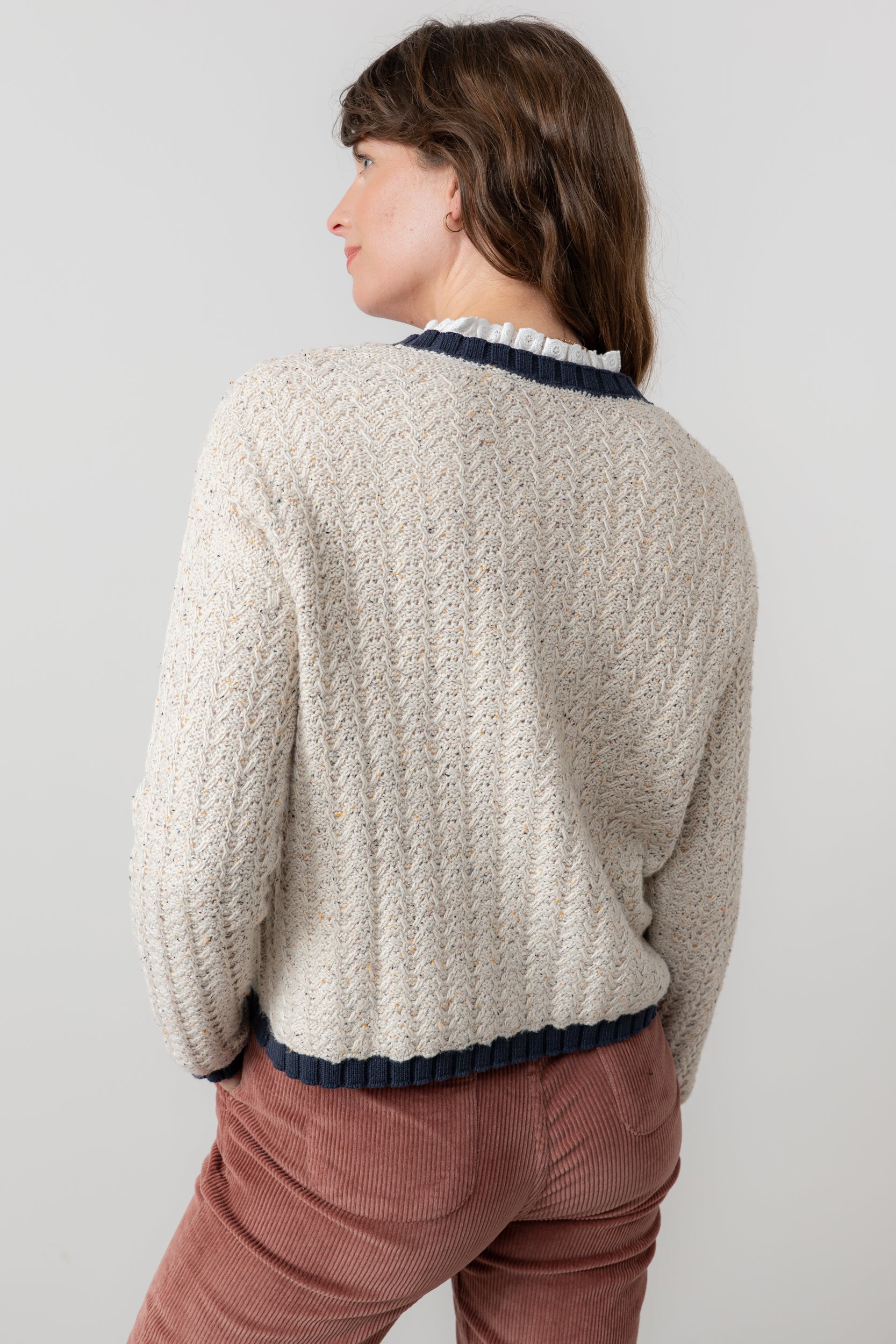 Lily & Me Adelia Tie Front Cardigan Ecru/ Navy