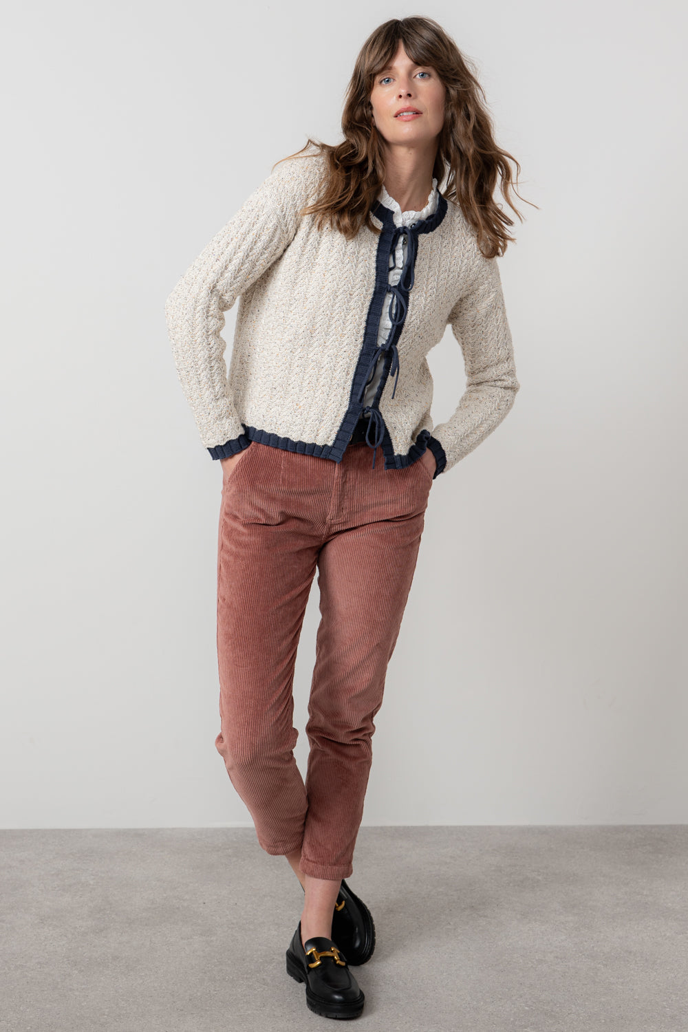 Lily & Me Adelia Tie Front Cardigan Ecru/ Navy