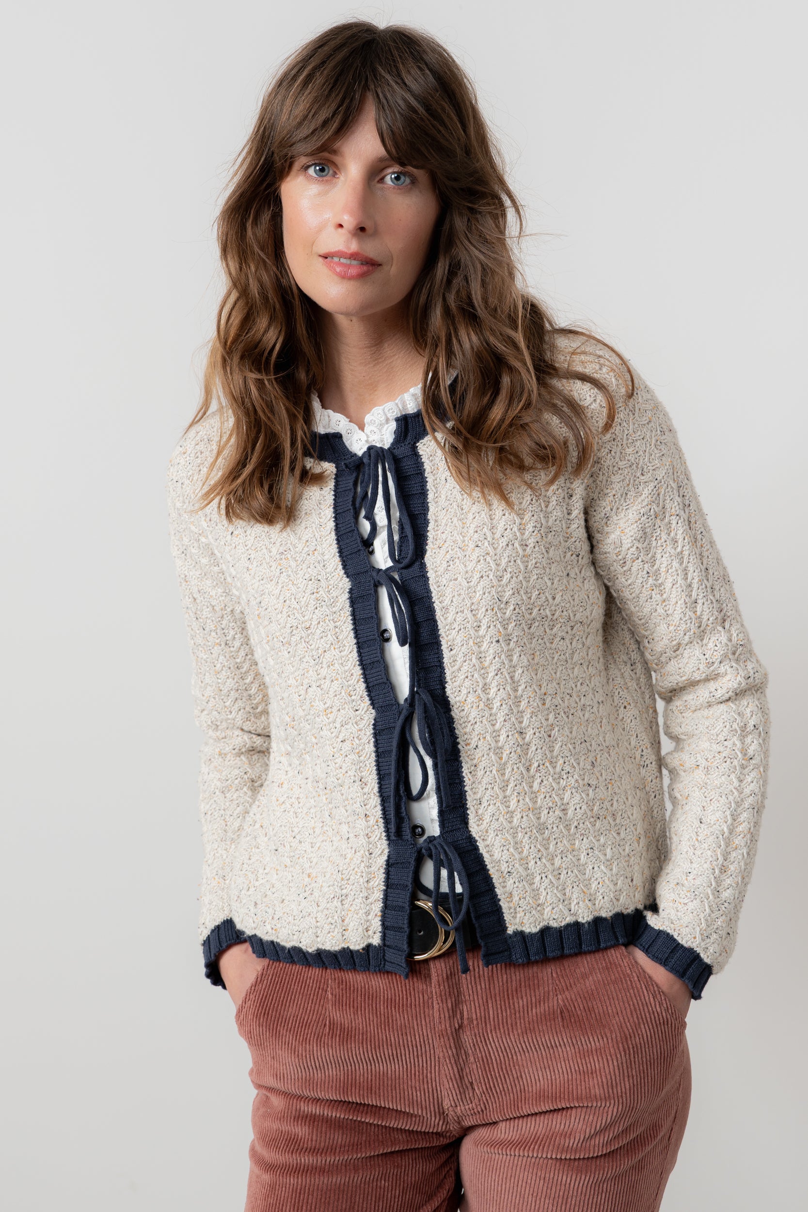 Lily & Me Adelia Tie Front Cardigan Ecru/ Navy