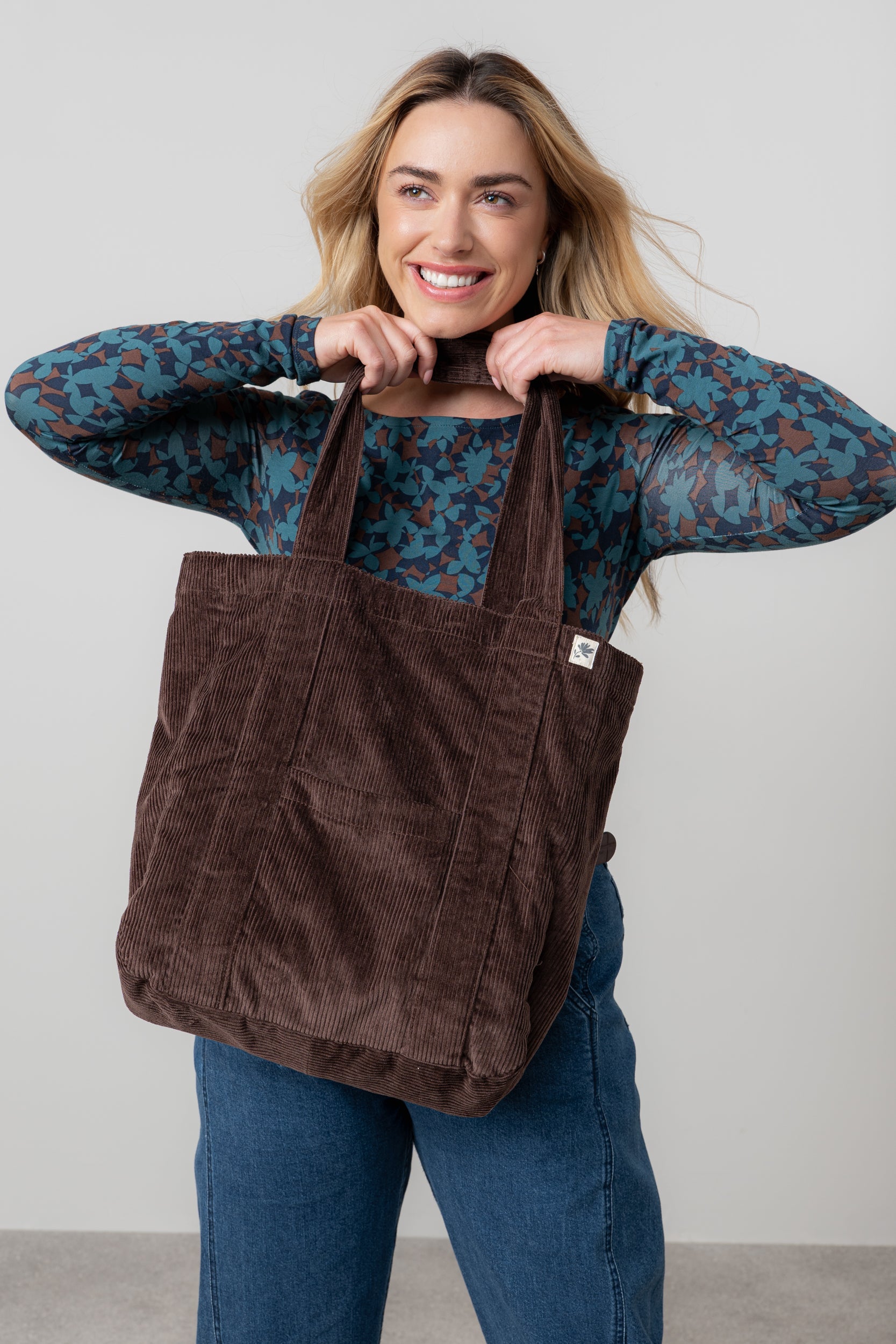Lily & Me Jumbo Cord Tote Bag Chocolate Ginger + Gray
