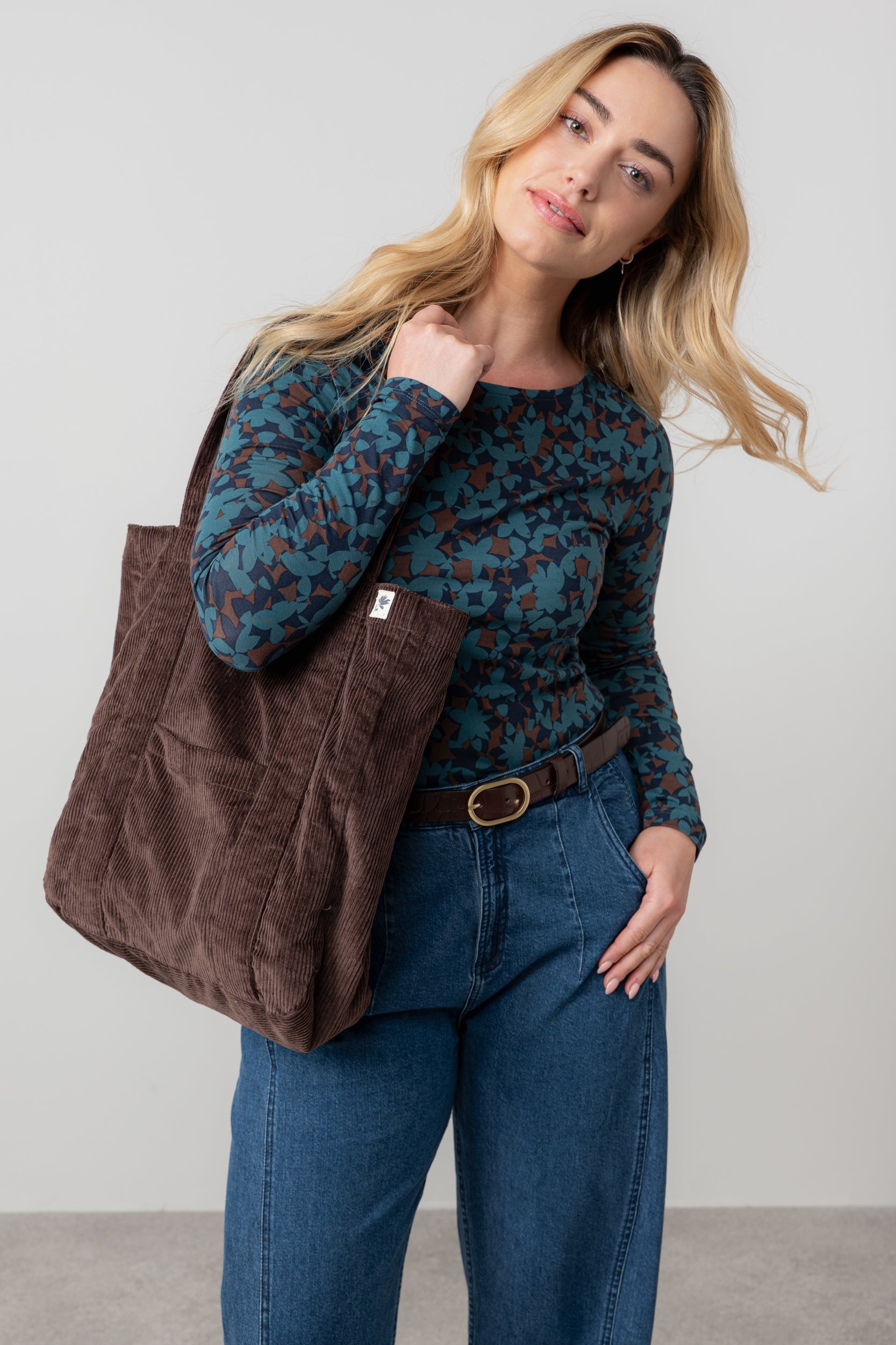 Lily & Me Jumbo Cord Tote Bag Chocolate Ginger + Gray