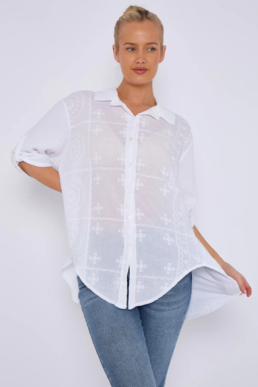 White Broderie Panel Oversized Shirt