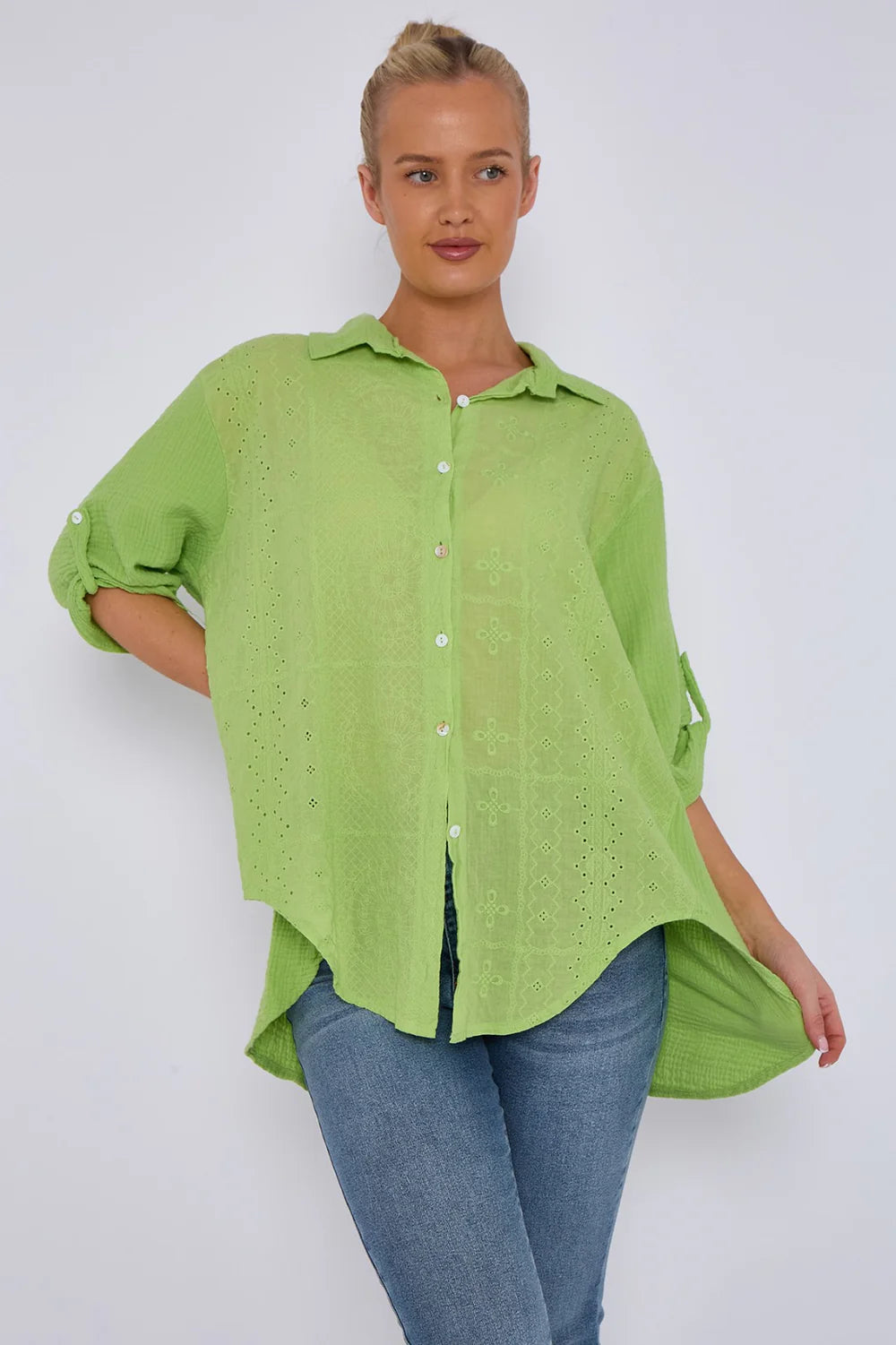 Lime Green Broderie Panel Oversized Shirt