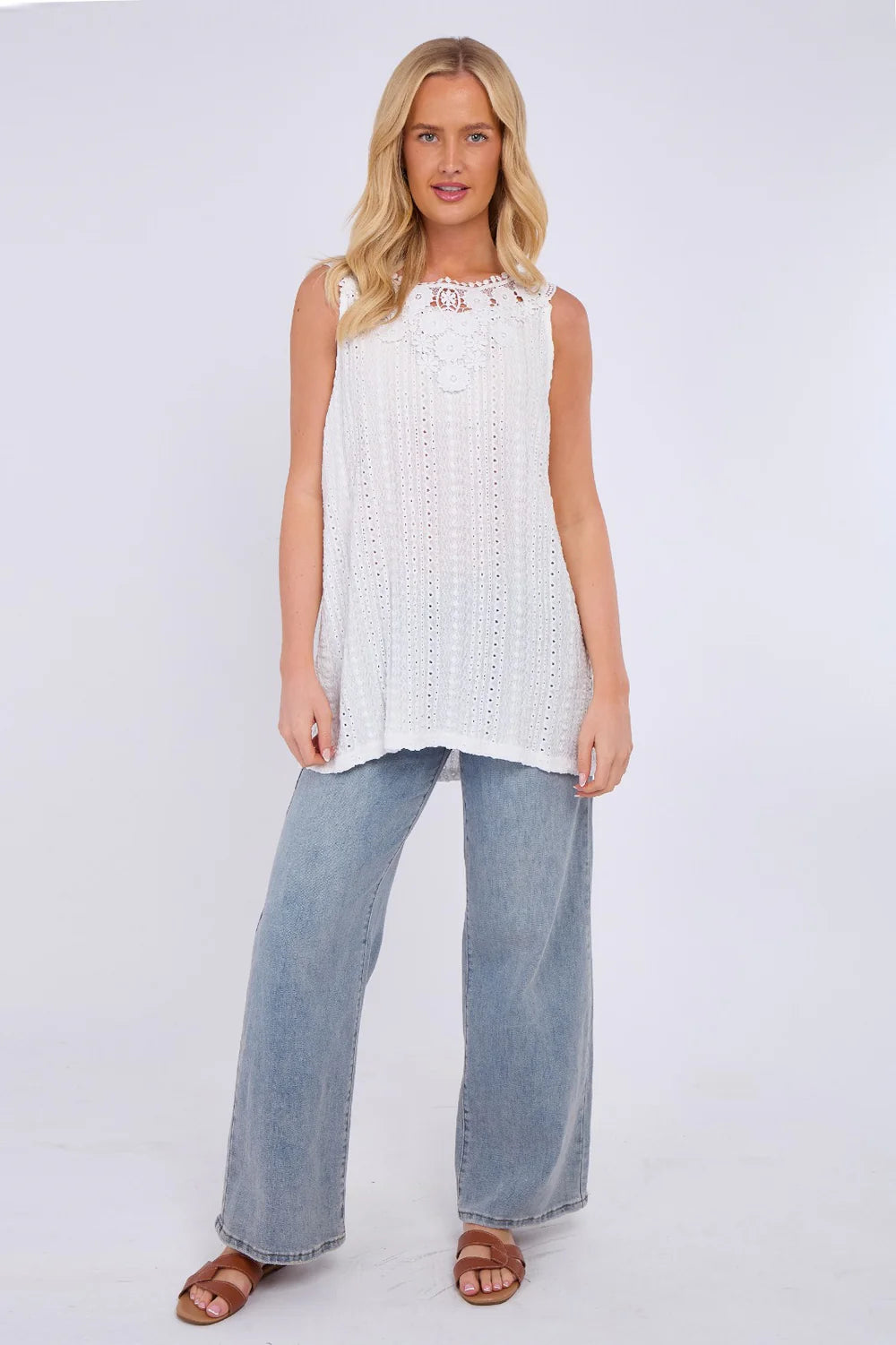 White Broderie Anglaise Embellished Sleeveless Top