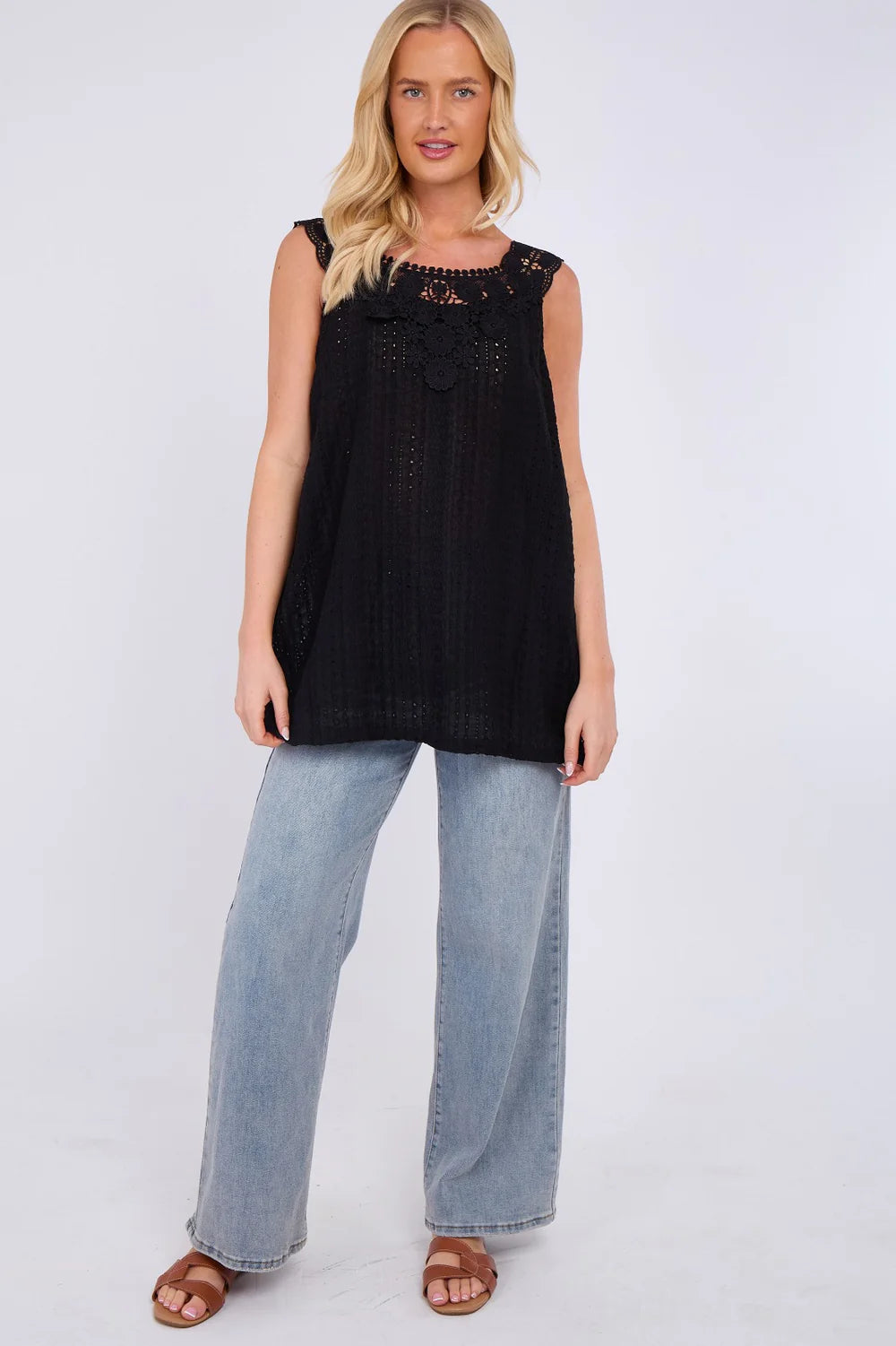 Black Broderie Anglaise Embellished Sleeveless Top