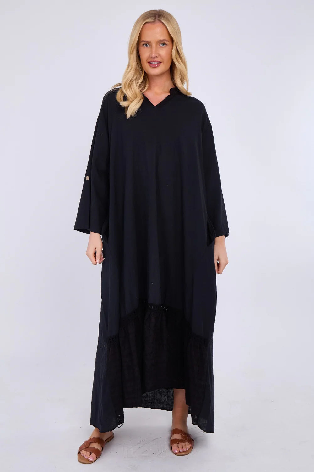 Black Linen Blend Tiered Maxi Dress with Crochet Trim Detail