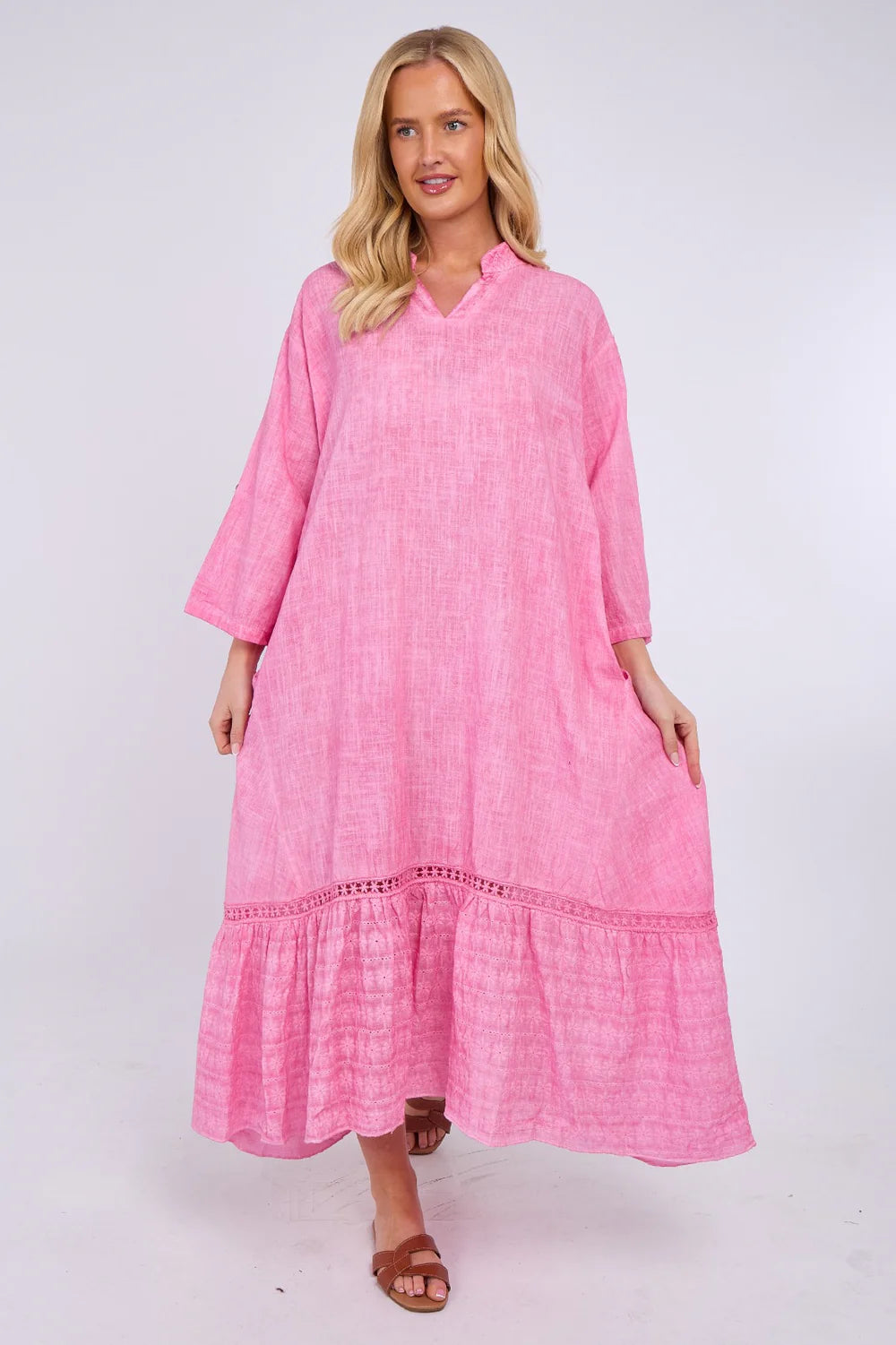 Pink Linen Blend Tiered Maxi Dress with Crochet Trim Detail