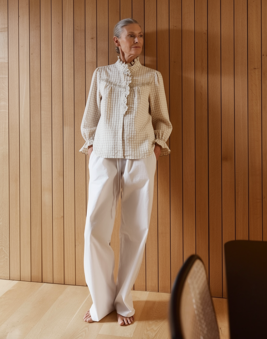 Ruffle Mandarin Cotton Check Blouse Beige