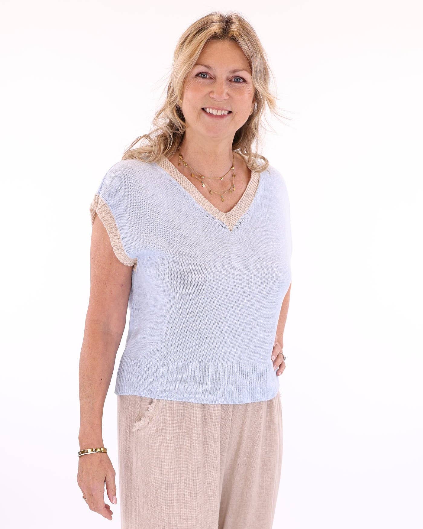 Cotton Blend Contrast Tank Top: Coral and Yellow