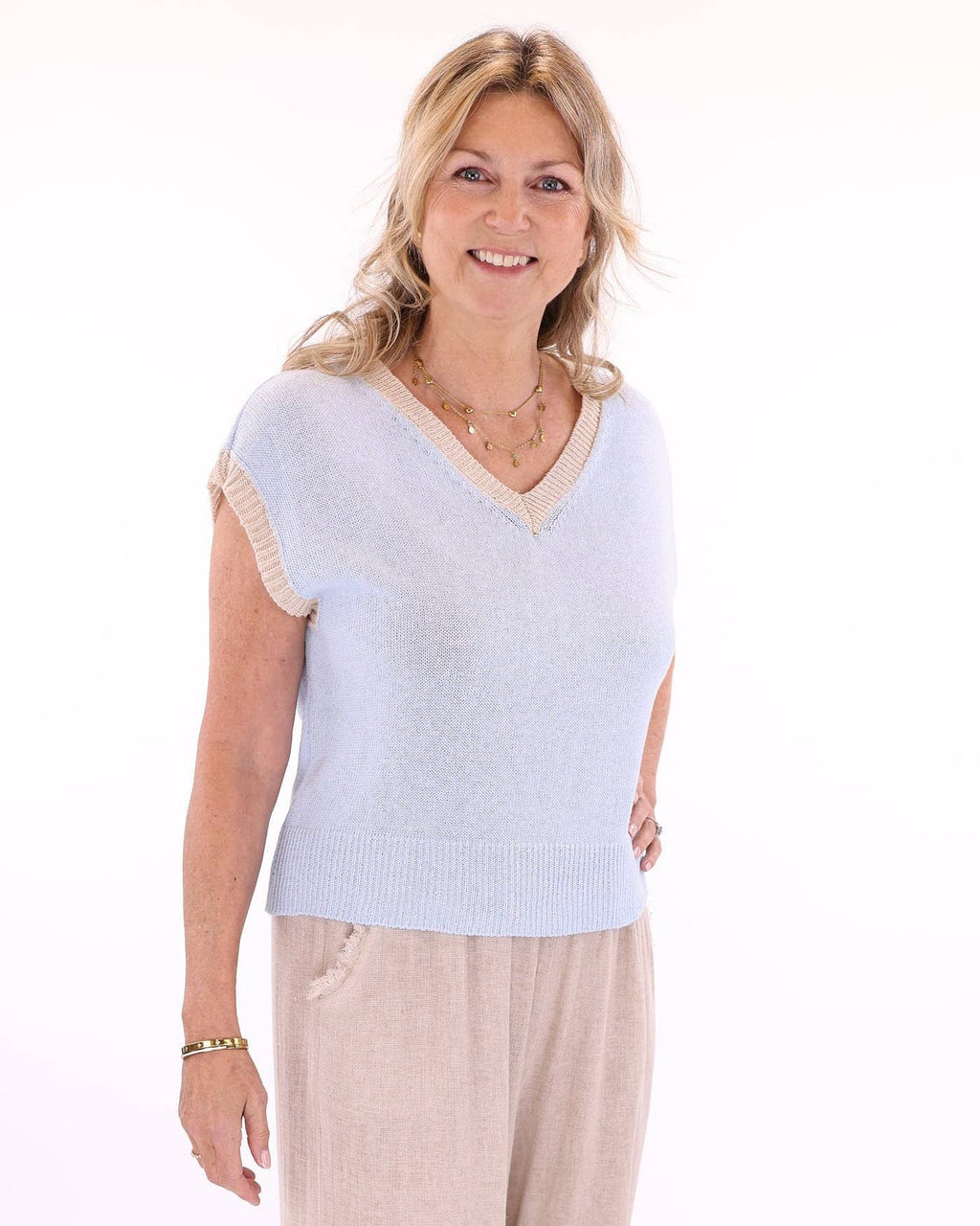 Cotton Blend Contrast Tank Top: Sage and Sand