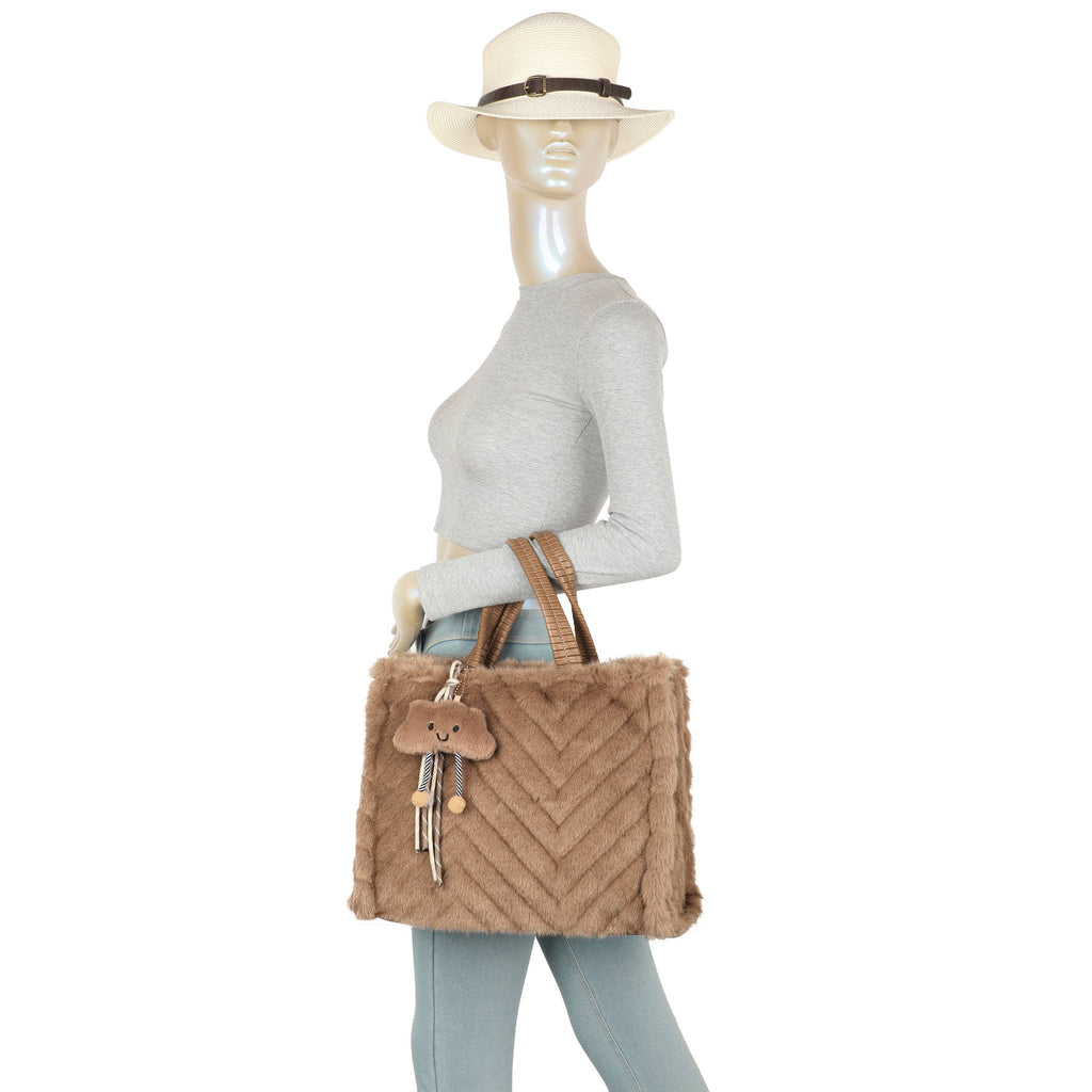 H881 Fluffy Faux Fur Tote Bag: Coffee