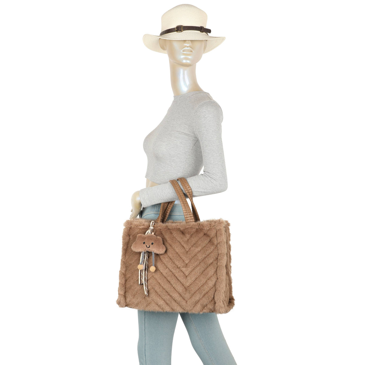 H881 Fluffy Faux Fur Tote Bag: Coffee