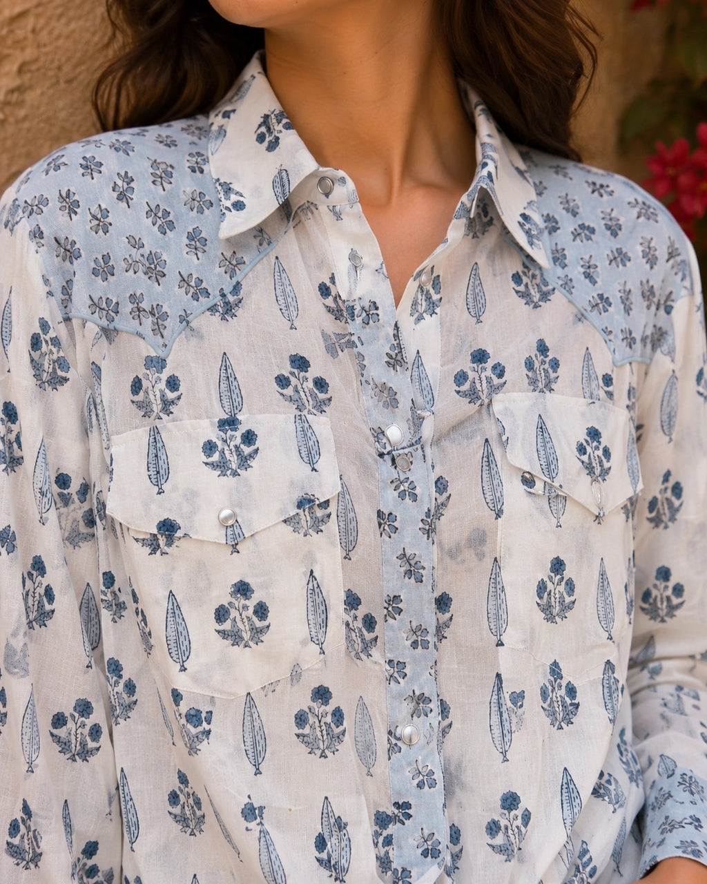 Long Sleeve Western Style Shirt in Cotton Voile, with A Beautiful Wood Block Print