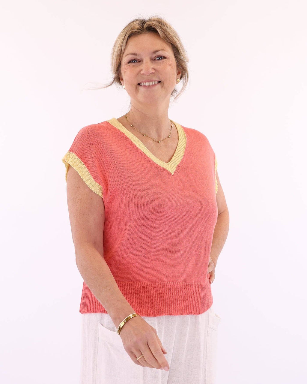 Cotton Blend Contrast Tank Top: Sage and Sand