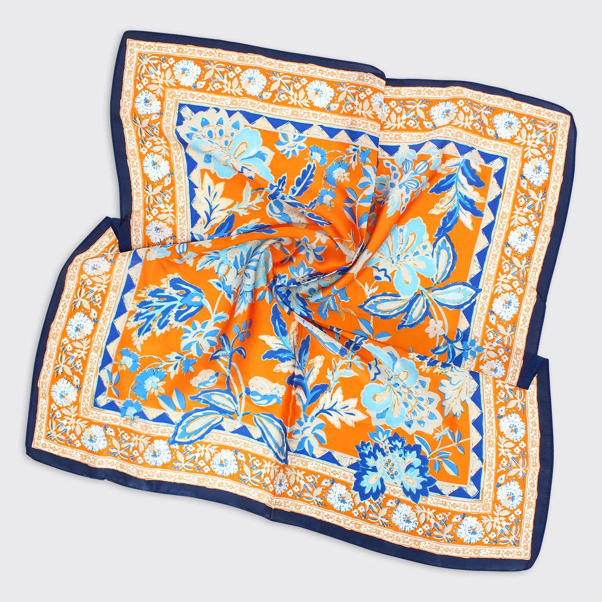 Phoebe Floral Square Scarf - Blue / Burnt Orange