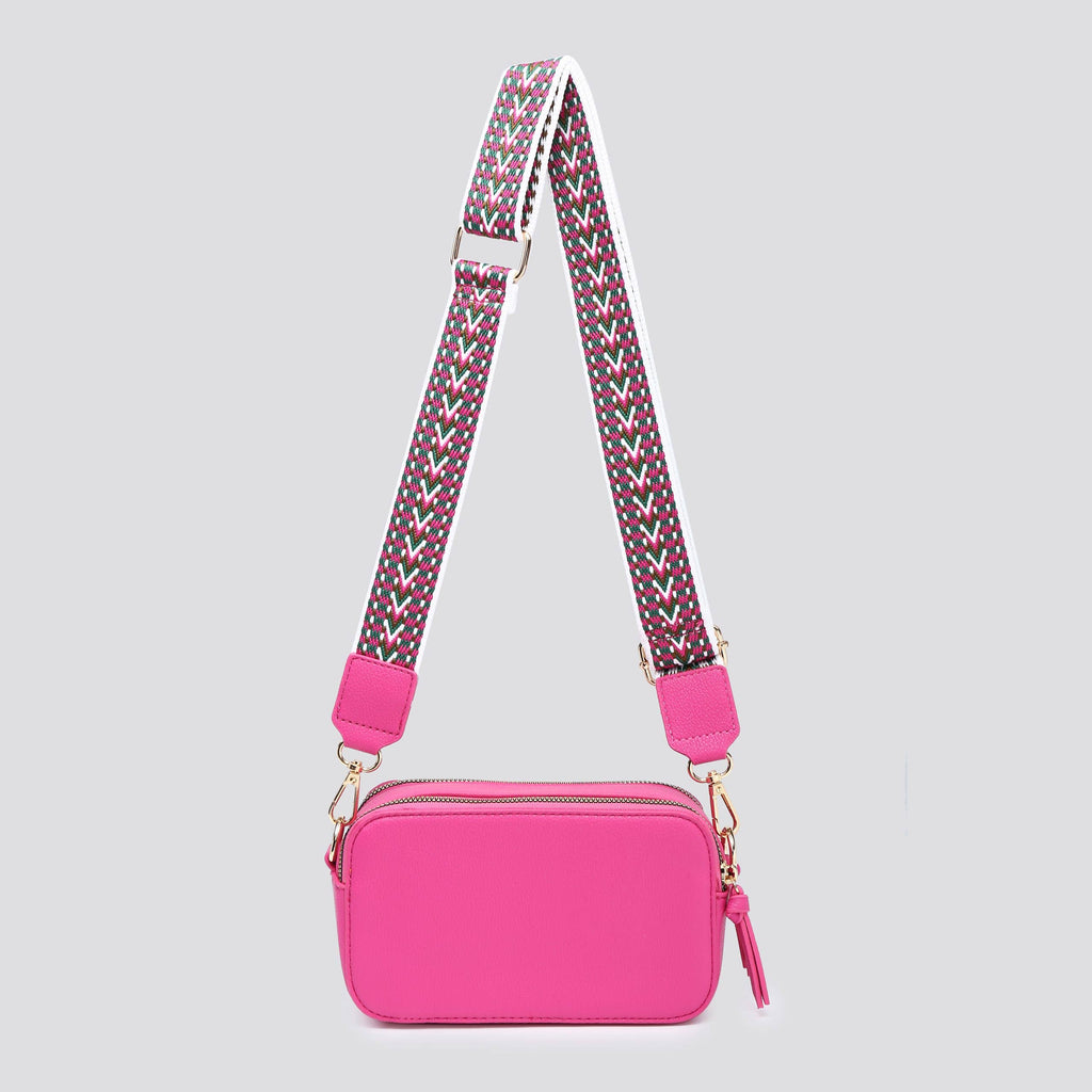 Leather Look Double Compartment Crossbody Bag # 3310: FUCHSIA