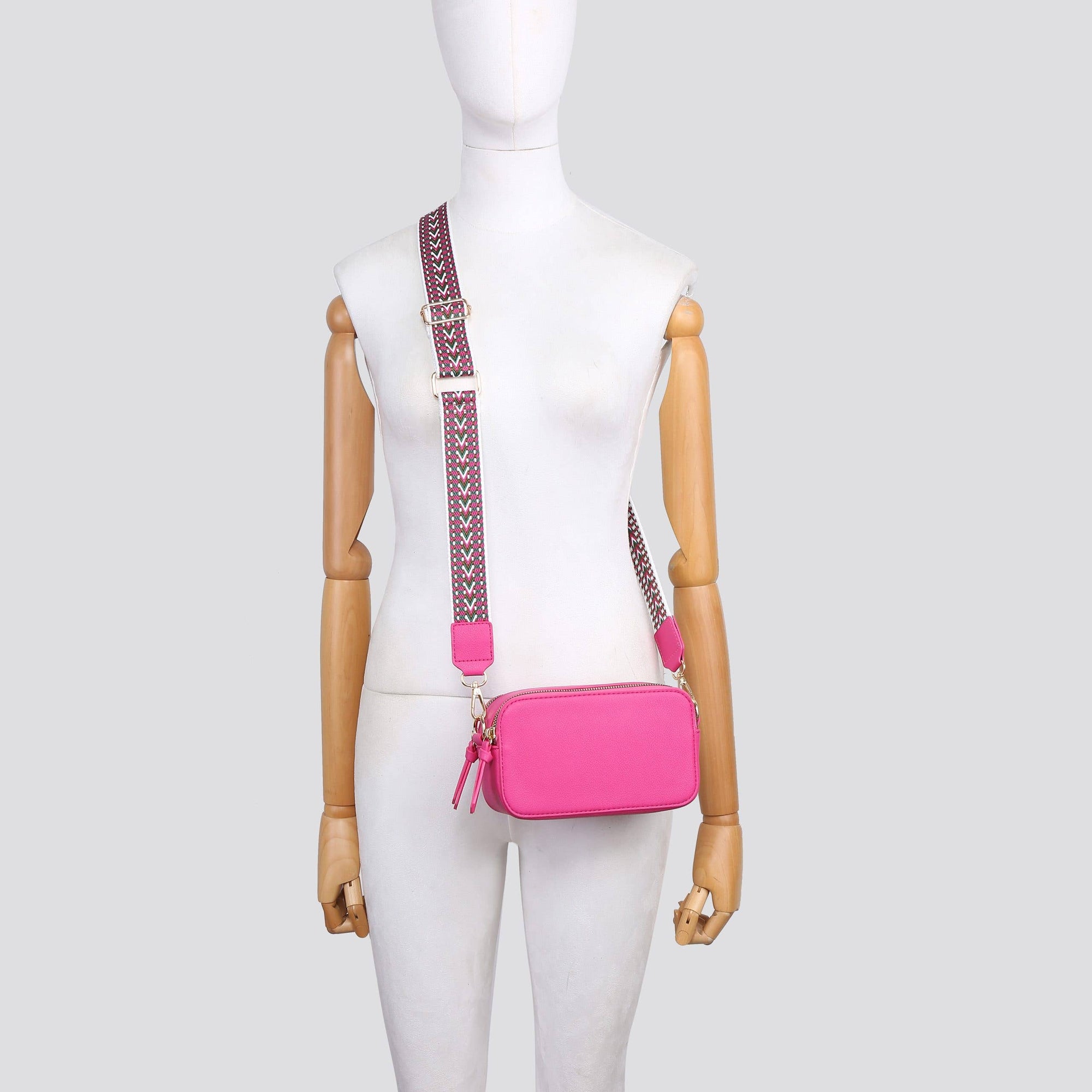 Leather Look Double Compartment Crossbody Bag # 3310: FUCHSIA