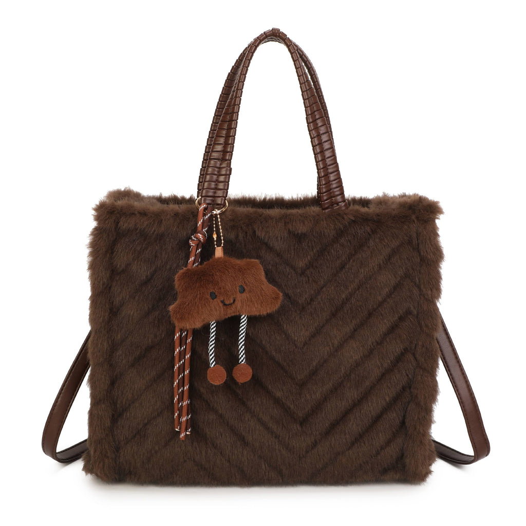 H881 Fluffy Faux Fur Tote Bag: Coffee