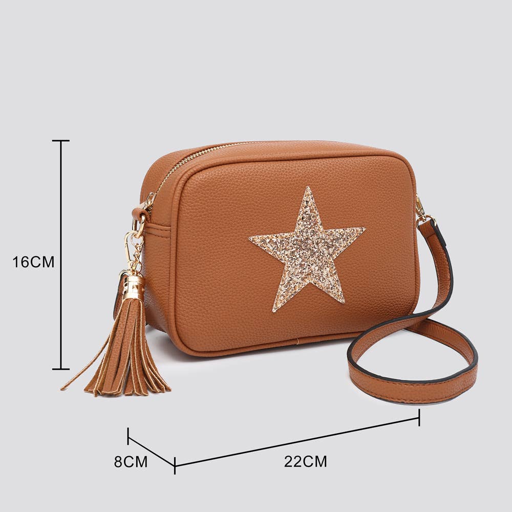 Premium Vegan Leather Camera Star Crossbody Bag #JNY3435AW26: BROWN