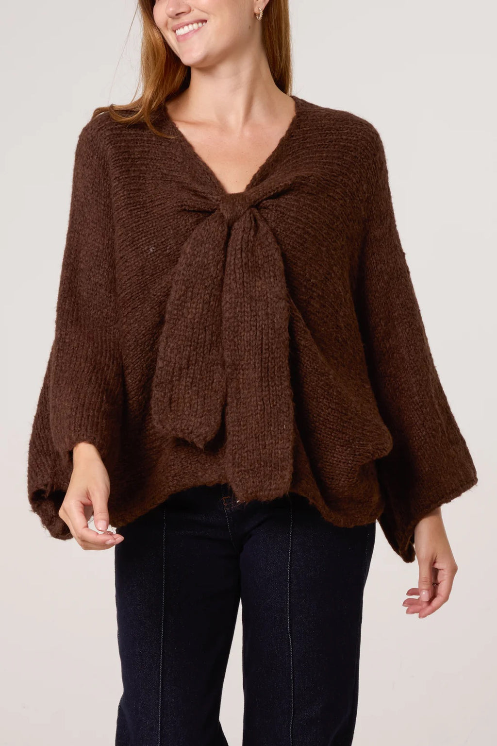 Front Bow Wool Blend Jumper Wine & Brown