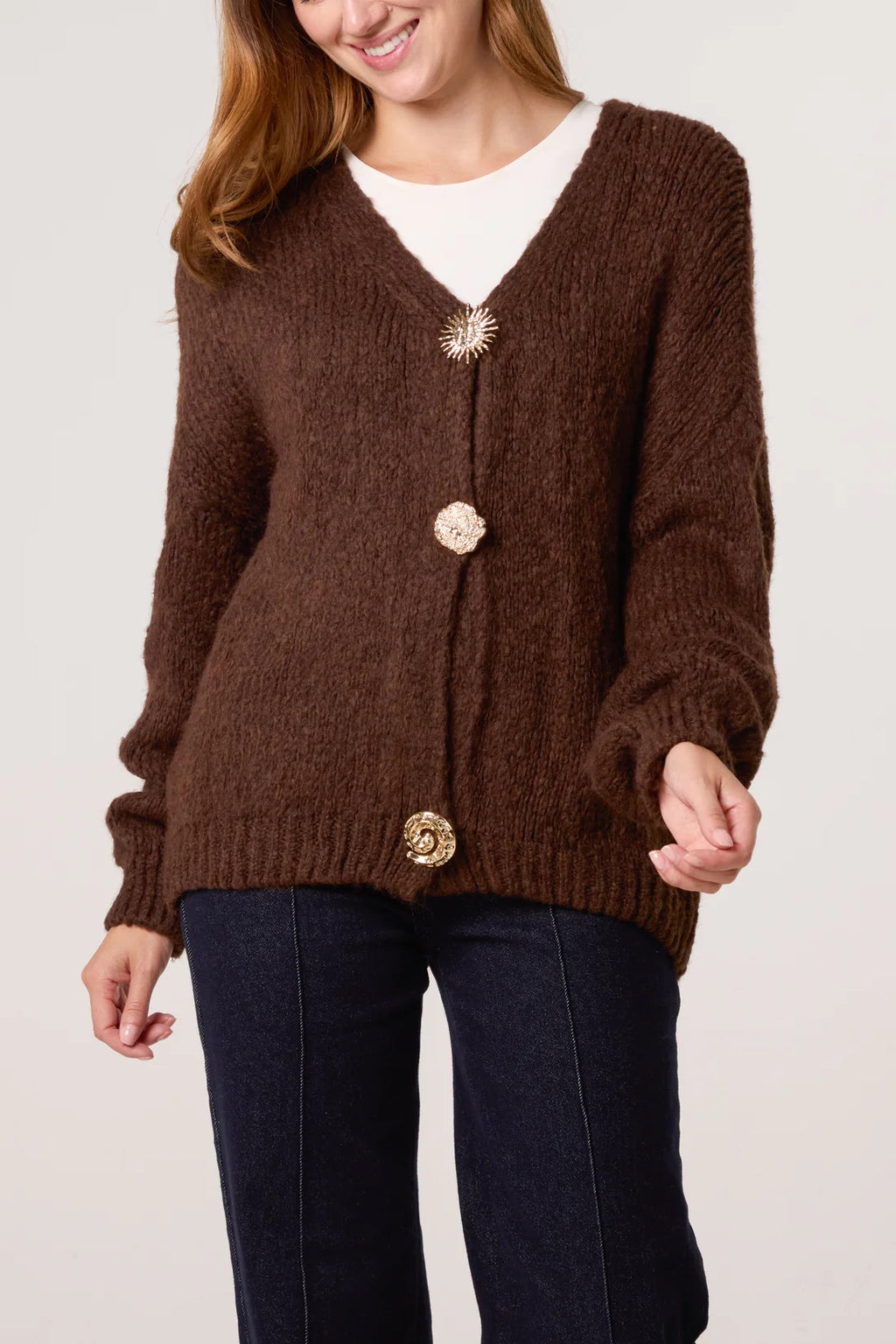 Chocolate Brown Metal Shell Button Cardigan